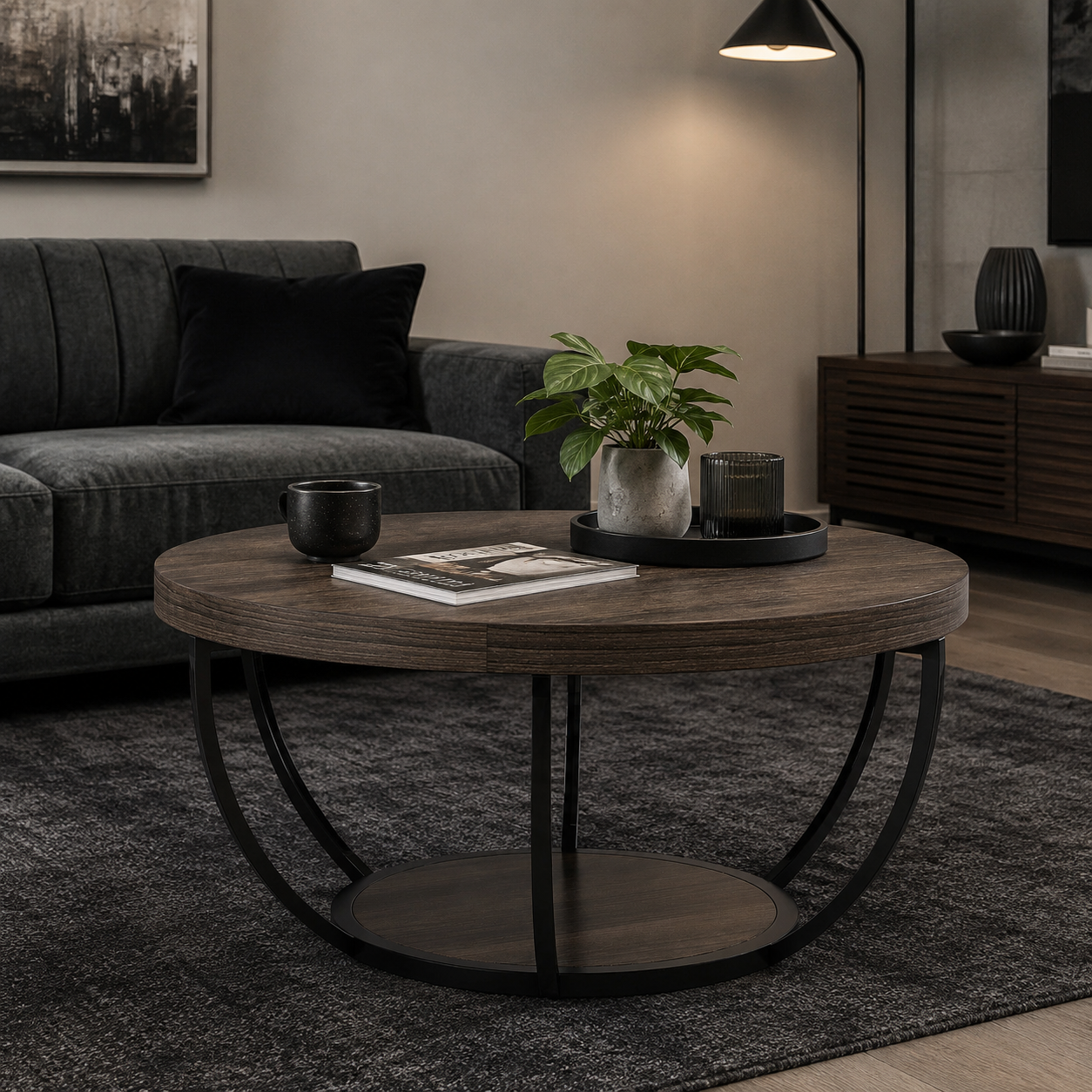 LANTINE Table basse ronde 80 cm à 2 niveaux avec étagères de rangement - Gris