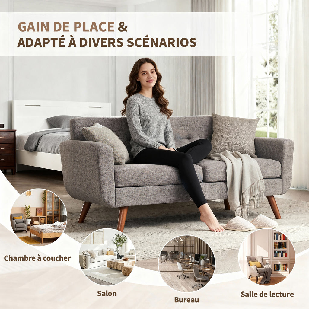 HONEYOU Canapé 165 cm, Canapés de coin pour décoration moderne du milieu du siècle pour salon, petit canapé rembourré capitonné à boutons pour chambre, meuble de coin solide et facile à installer, gris