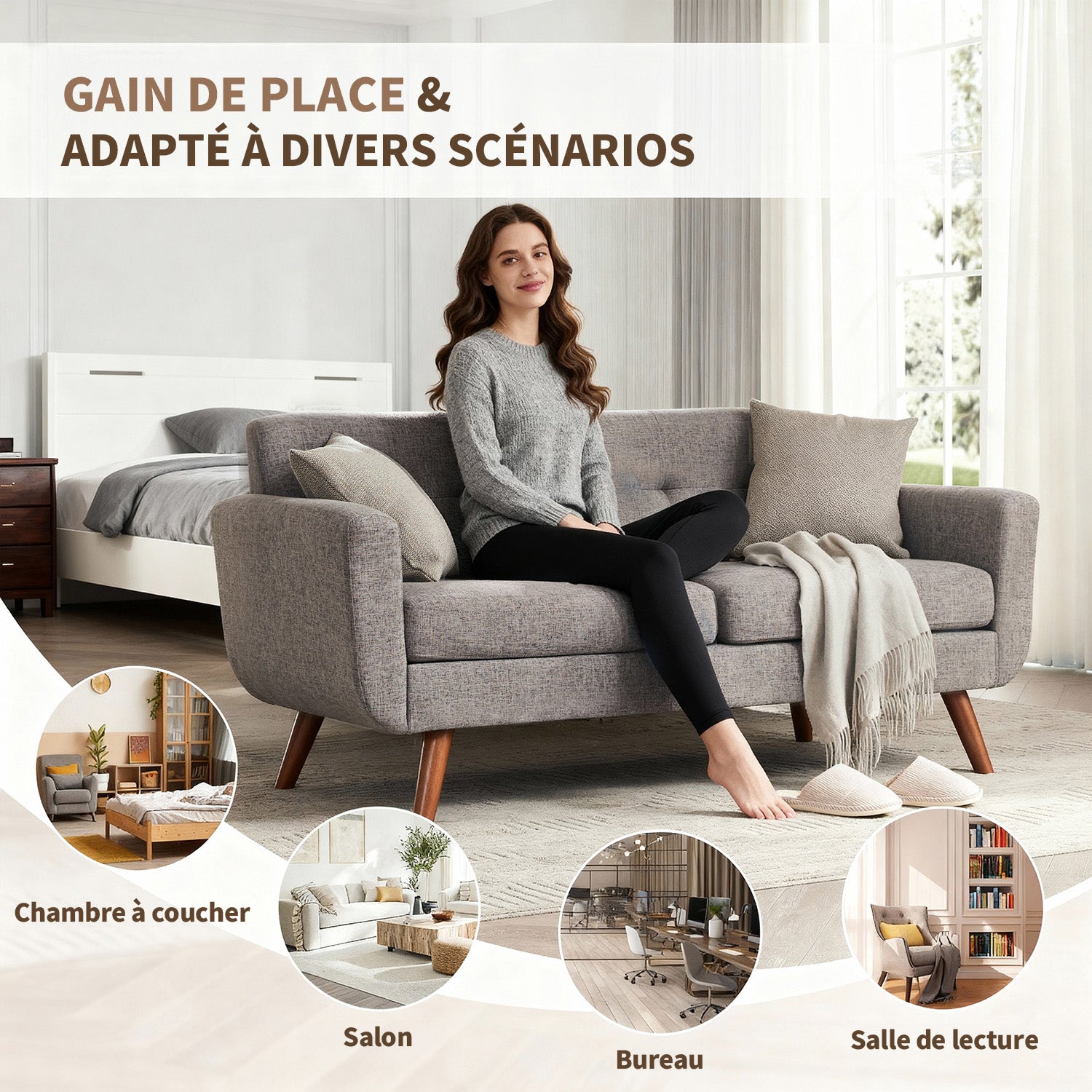 HONEYOU Canapé 165 cm, Canapés de coin pour décoration moderne du milieu du siècle pour salon, petit canapé rembourré capitonné à boutons pour chambre, meuble de coin solide et facile à installer, gris