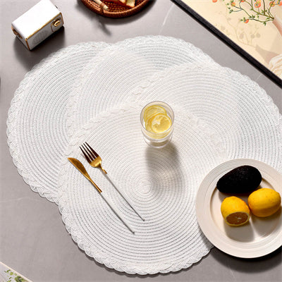Lot de 6 Sets de table ronds tressés 38 cm, Anneau extérieur patchwork polyester à trois brins Blanc, Antidérapants, Pour maison, cuisine et table à manger, Parfaits pour fêtes