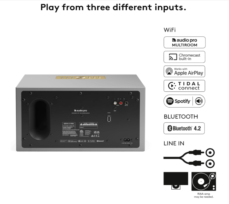 Audio Pro C10 MkII Gris Enceinte multiroom compacte sans fil Wi‑Fi AirPlay2 - Bluetooth, Google Cast et système multiroom Audio Pro, 6 Préréglages, Panneau frontal en tissu amovible
