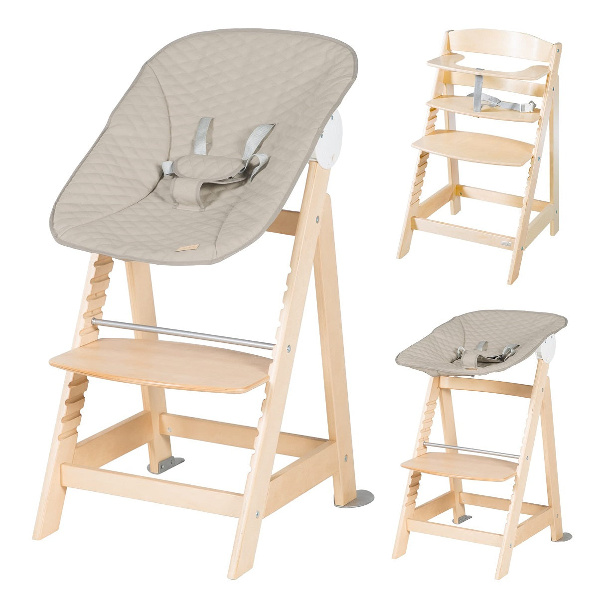 roba Born Up Chaise Haute de Croissance 2 en 1 avec Transat Bébé Inclinable Matelassé Gris (Bois Naturel / Effet Cuir Imperméable)