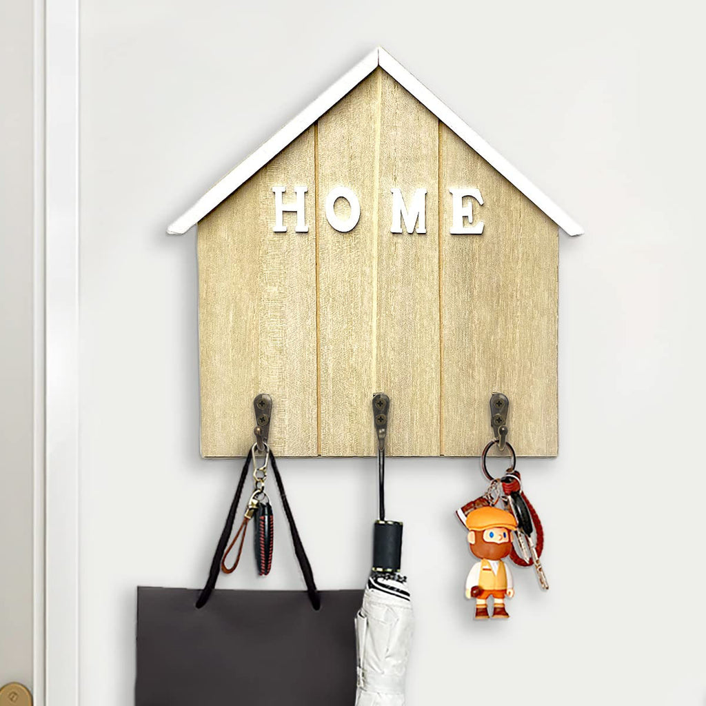Alphynix Porte-clés en forme de maison 1 pièce, organisateur mural "MAISON" avec 3 crochets en métal vieilli, rangement d’entrée pour clés et courrier, bois