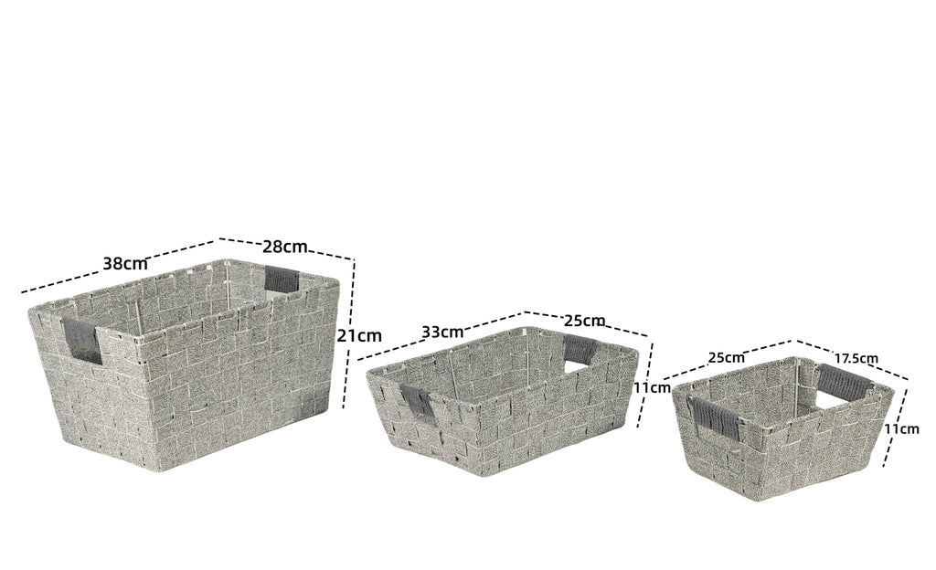 KEVAHOME Lot de 3 panières en coton avec sangles gris L : 15 x 11 x 8,25 po H M : 13 x 10 x 4,5 po H S : 10 x 7 x 4,5 po H