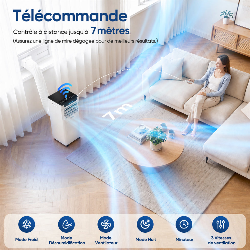Humhold 7000 BTU climatiseur portable, unité de climatisation 3 en 1 de 2,0 kW avec modes refroidissement, déshumidification et ventilation, mode veille silencieux, minuterie de 24 heures, réfrigérant R290, kit fenêtre inclus