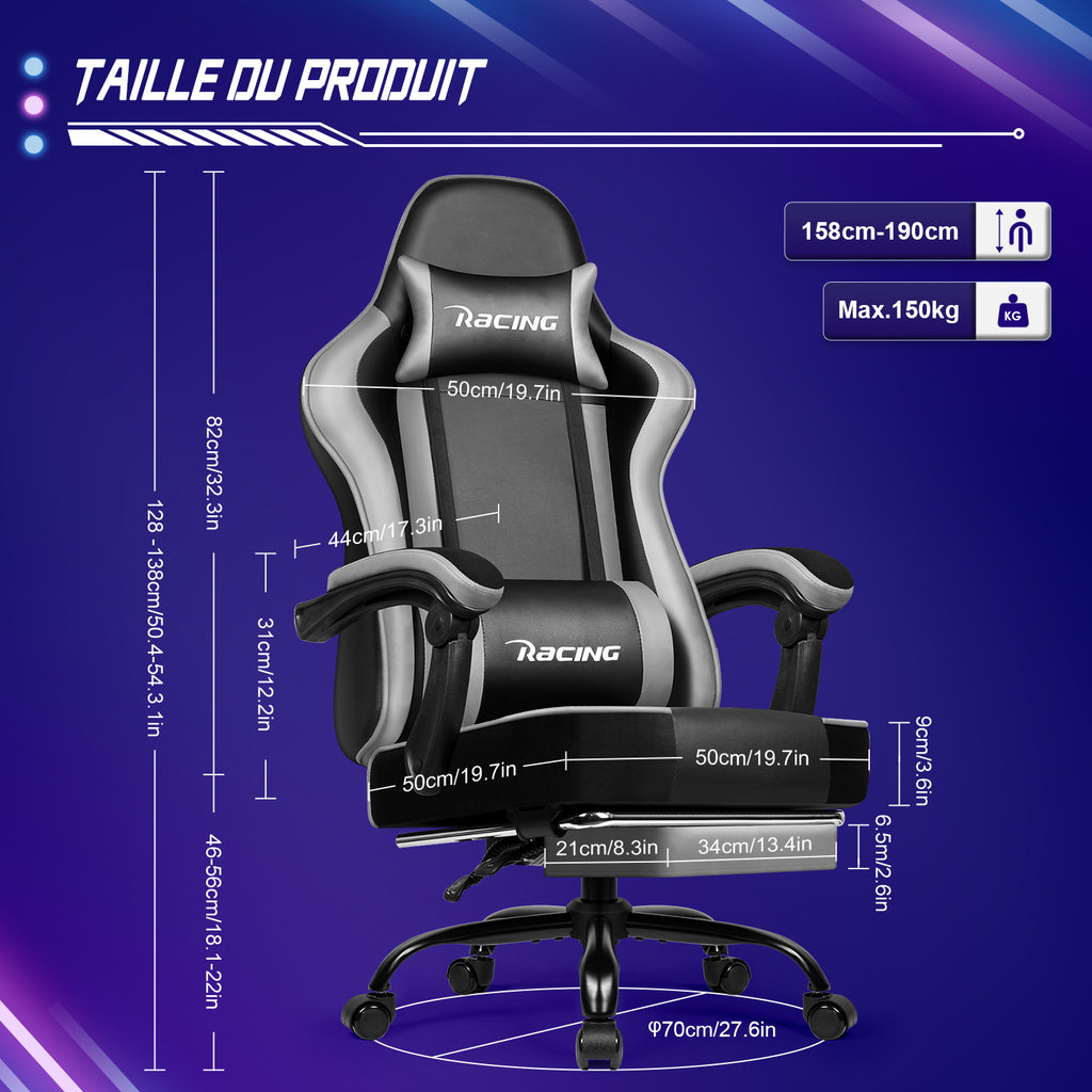 GTIMEX Chaise de gaming ergonomique réglable avec repose-pieds télescopique, appui-tête et soutien lombaire capacité de 150 kg - Gris