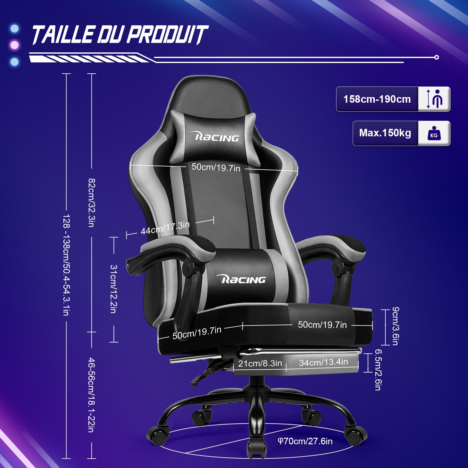 GTIMEX Chaise de gaming ergonomique réglable avec repose-pieds télescopique, appui-tête et soutien lombaire capacité de 150 kg - Gris