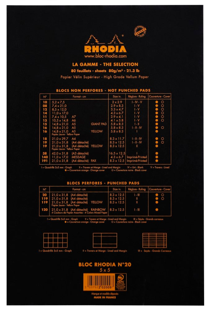 CLAIREFONTAINE Bloc agrafé Rhodia BLACK N°20 21x31,8 cm petits carreaux 5x5 80 feuillets perforation 4 trous 80 g