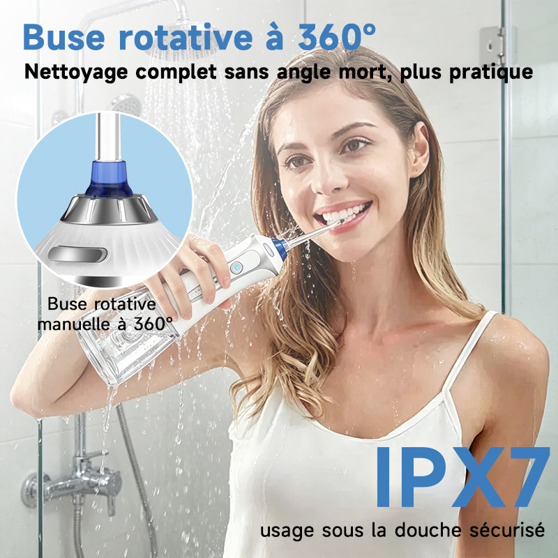 H2ofloss HF-2 Brosse à dents électrique, avec 5 modes, 5 embouts, rechargeable par USB, étanchéité IPX7 et un réservoir d'eau de 300 ml, disponible en blanc