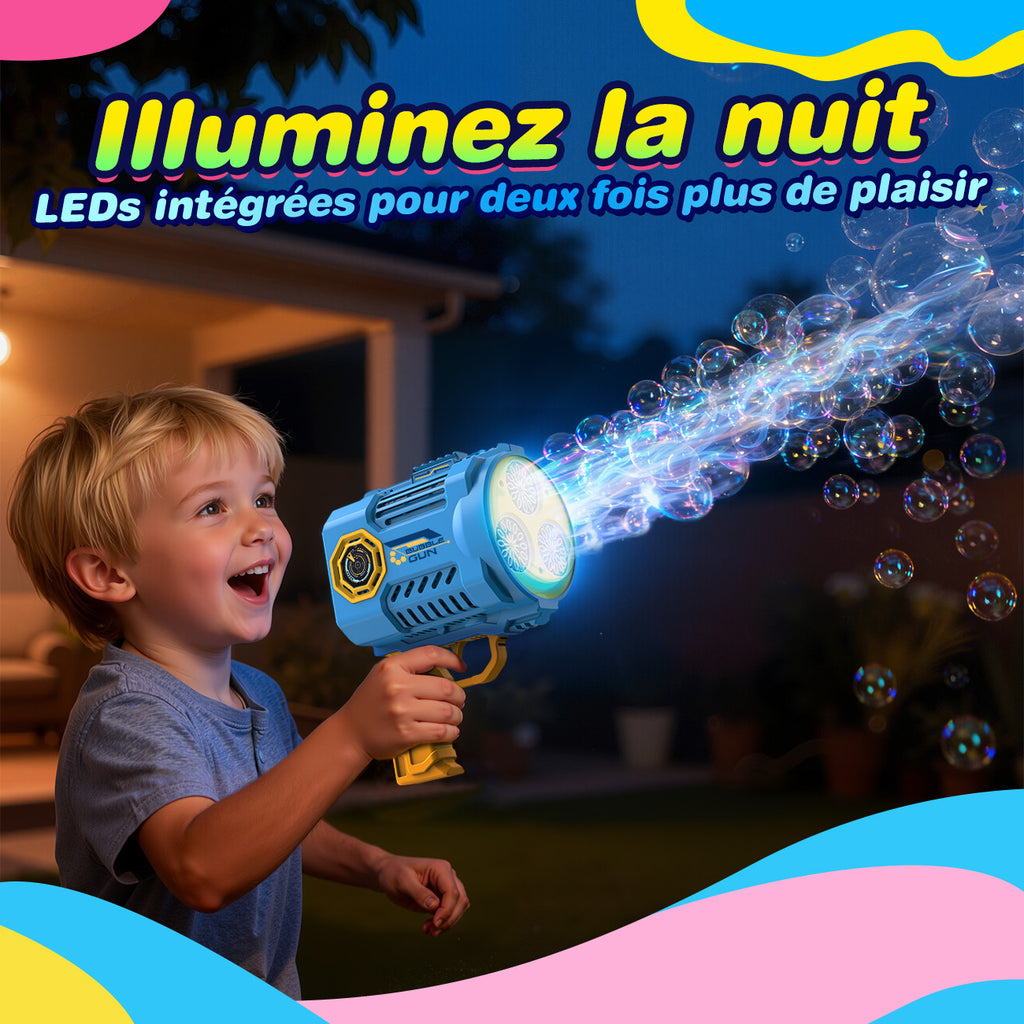 TOKKY Pistolet à bulles électrique 36 trous pour enfants avec lumières colorées et liquide à bulles de remplacement - Bleu