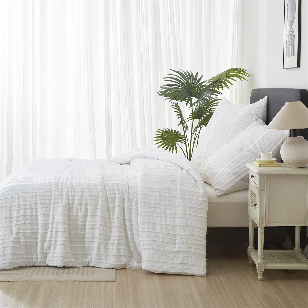 Meeallhome Parure de lit Rayures verticales découpées 200*200 cm/65*65 cm*2 Blanc