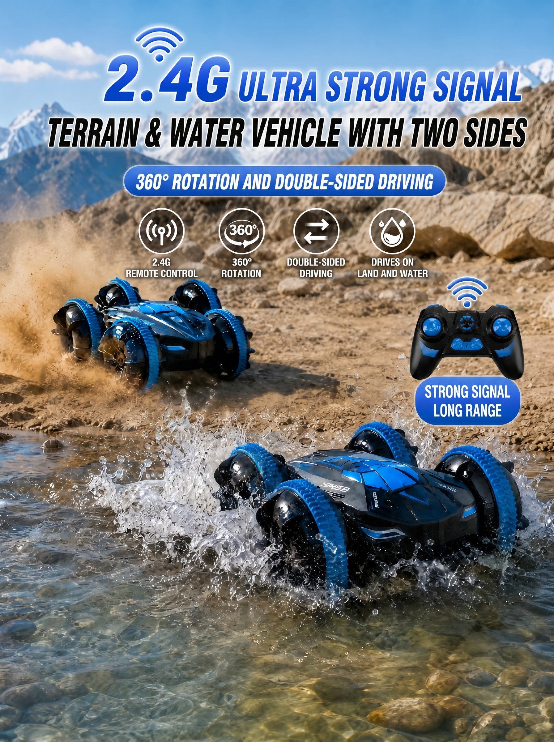 Voiture de Cascade RC 4WD Gestuelle, Double Télécommande 2,4 g, Voiture Tout-Terrain Drift Pivotement 360° Montée, Cadeau Jouet pour Enfants Garçons, Lot de 1 Bleu