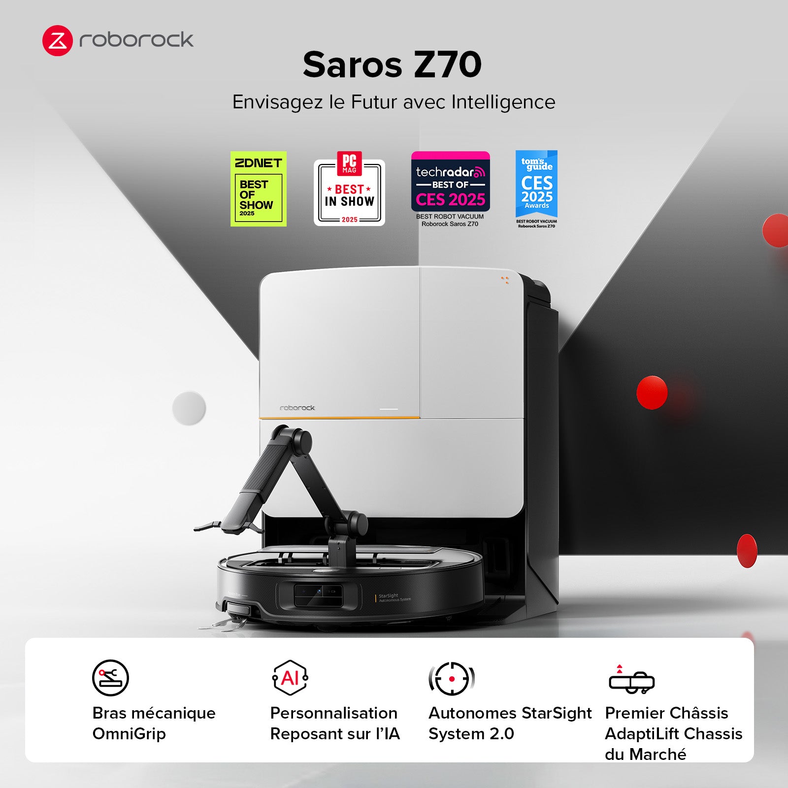 roborock Saros Z70 Aspirateur robot avec fonction de lavage, bras OmniGrip, prise en charge par IA, puissance d'aspiration de 22 000 Pa, ultra-fin de 7,98 cm, support FlexiArm