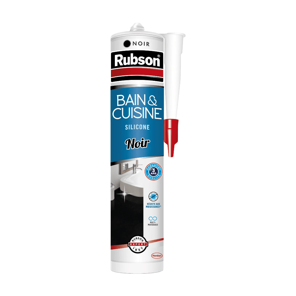 Henkel Rubson | Mastic Bain & Cuisine Noir Intense (cartouche de 280 ml) – Joint silicone multi-matériaux renforcé en antifongiques – Mastic sanitaire coloré, souple & étanche