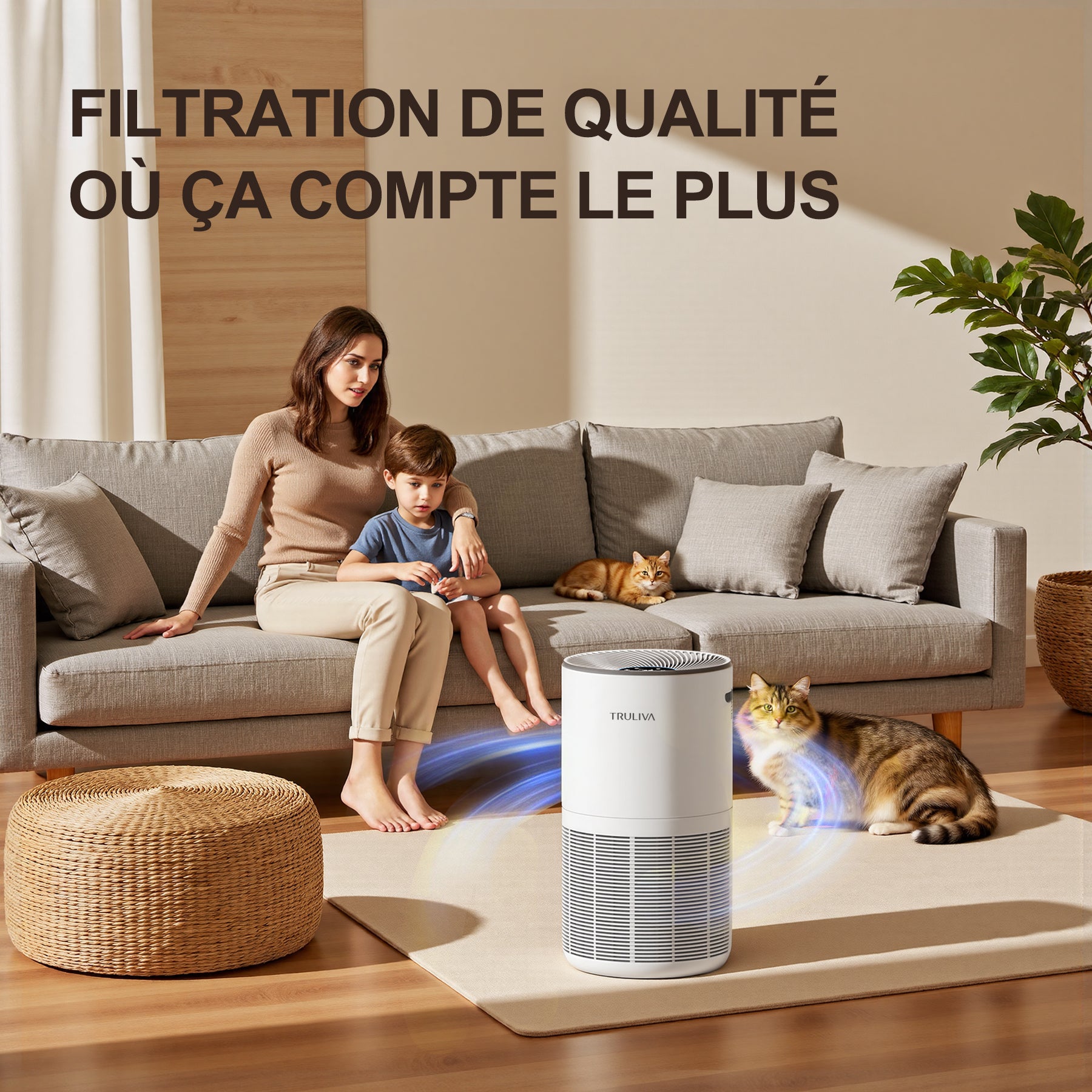 TRULIVA H13 Purificateur d'air HEPA, CADR 450 m³/h, circulation d'air à 360° pour toute la pièce, minuterie 24 h, élimine les odeurs et les squames d'animaux, allergies, PM2.5, fumée, pollen, acariens