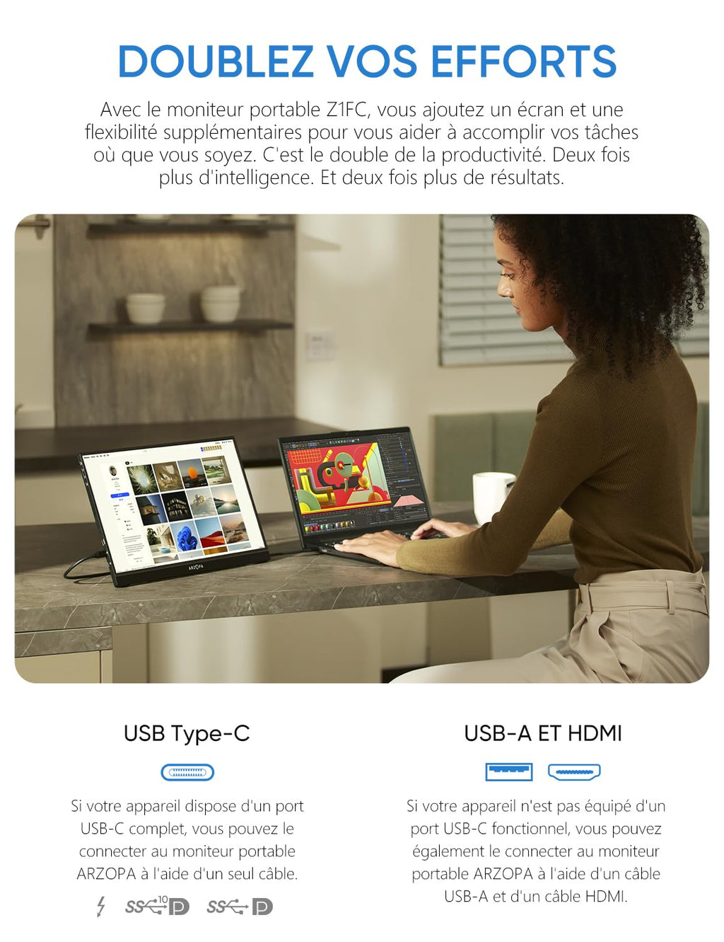 ARZOPA Z1FC Moniteur de jeu portable 16,1 po 144 Hz FHD 106 % sRGB 1080p HDR ultra-mince avec protection des yeux écran secondaire externe