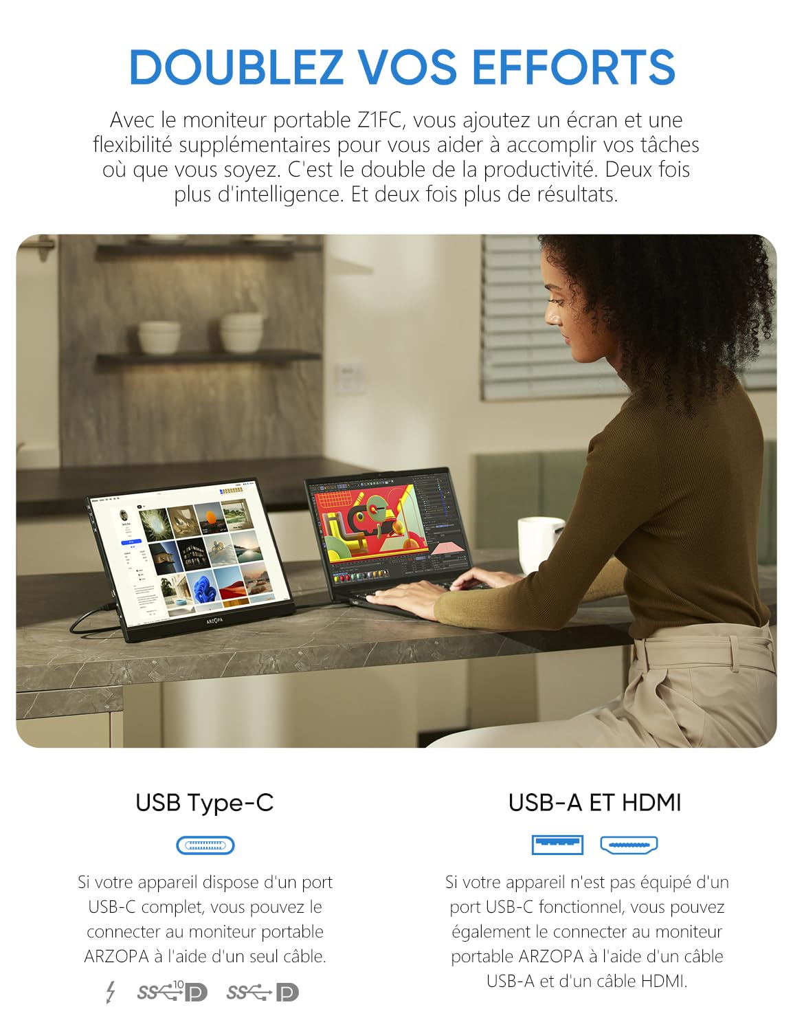 ARZOPA Z1FC Moniteur de jeu portable 16,1 po 144 Hz FHD 106 % sRGB 1080p HDR ultra-mince avec protection des yeux écran secondaire externe