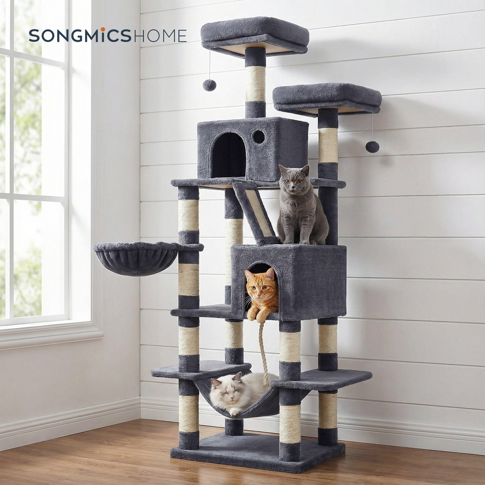 JOYFURNOS Arbre à chat, grande tour pour chat de 168 cm avec 13 poteaux à griffer, 1 rampe à griffer, 2 perchoirs, 2 niches, panier, hamac, pompons, gris fumé
