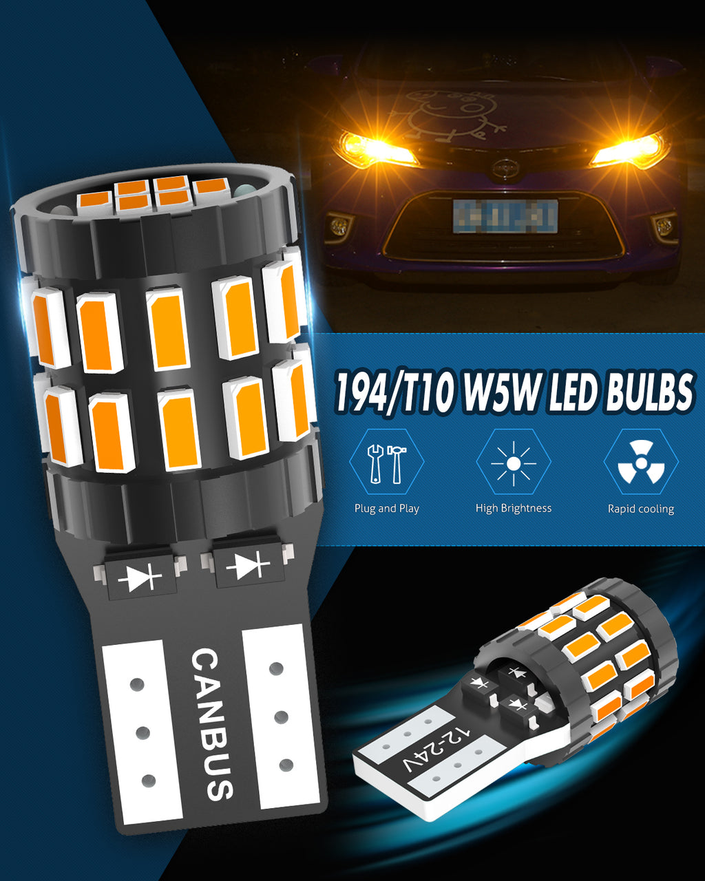 Katur 194 T10 W5W 501 168 Ampoule LED très brillante Jaune ambré 12-24 V Compatible bus CAN sans erreur Remplacement pour plafonnier liseuse éclairage de porte éclairage de courtoisie