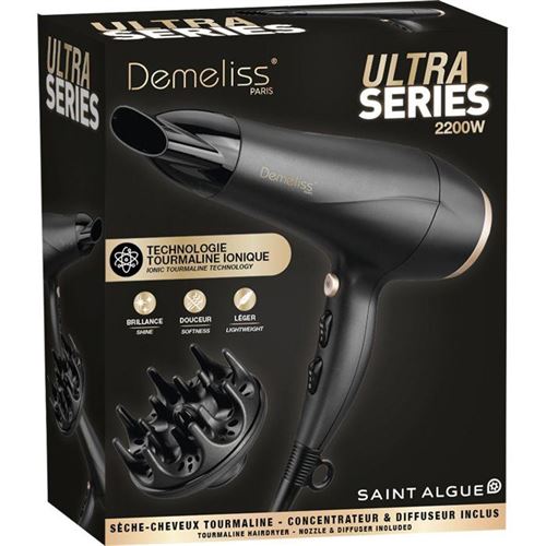 SAINT ALGUE Demeliss - Sèche-cheveux Ultra Series - Diffuseur - 3 réglages de chaleur - 2200 W - Noir