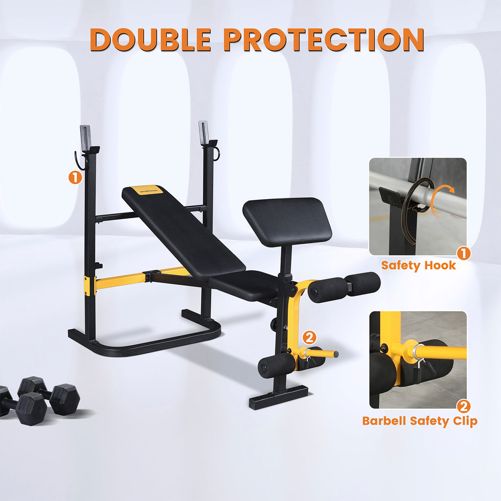 SPORTSOUL Banc d'haltérophilie réglable avec développateur de jambes et rangement pliable, convient aux barres de 6' et 7', équipement de gym pour la maison et le commercial