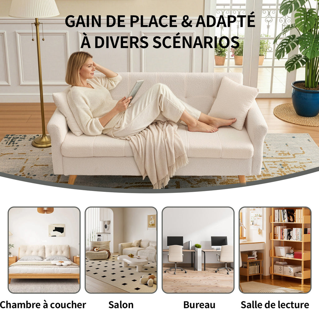HONEYOU 164 cm Canapé de Salon Moderne Mid-Century, Petit Canapé Rembourré à Boutons Tuftés pour Salon & Chambre, Peluche à Poils Courts, Beige