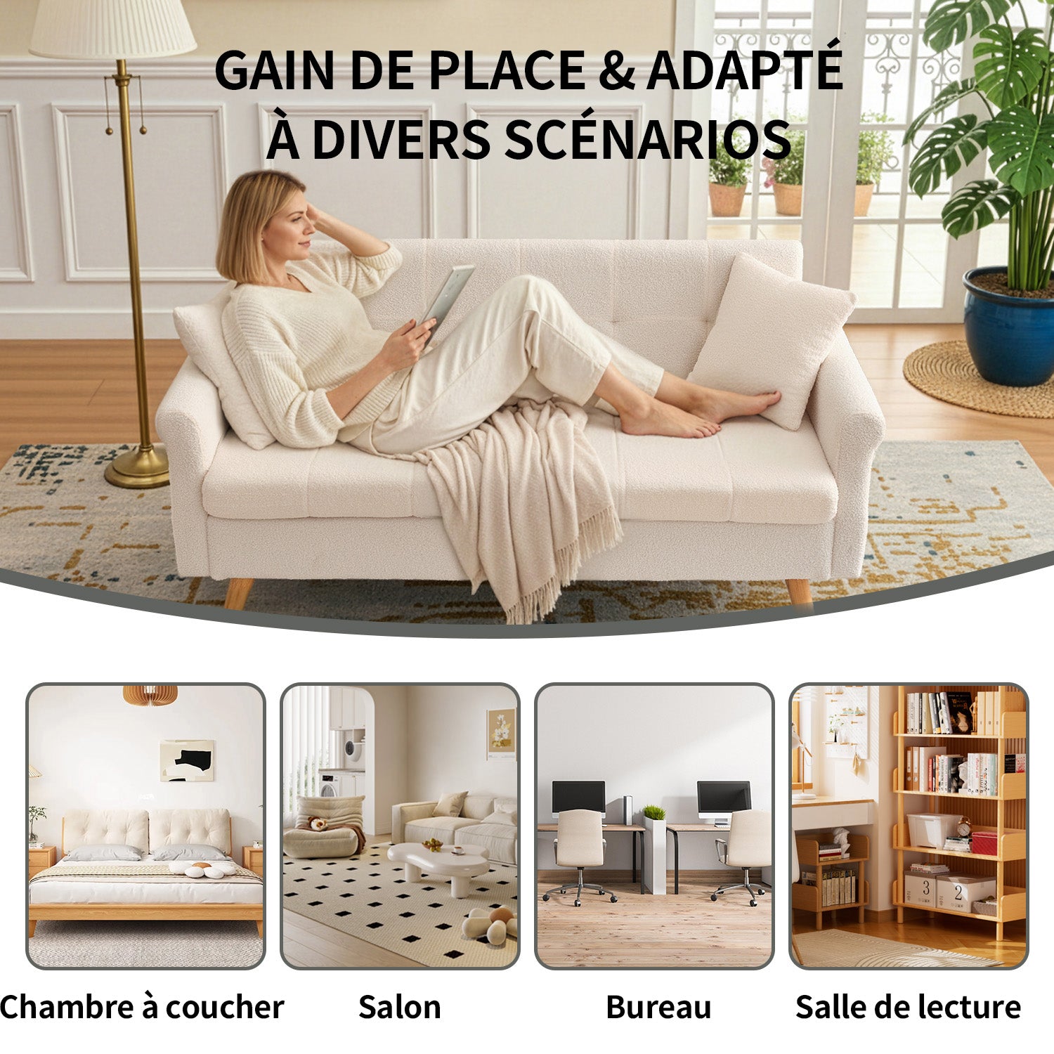 HONEYOU 164 cm Canapé de Salon Moderne Mid-Century, Petit Canapé Rembourré à Boutons Tuftés pour Salon & Chambre, Peluche à Poils Courts, Beige