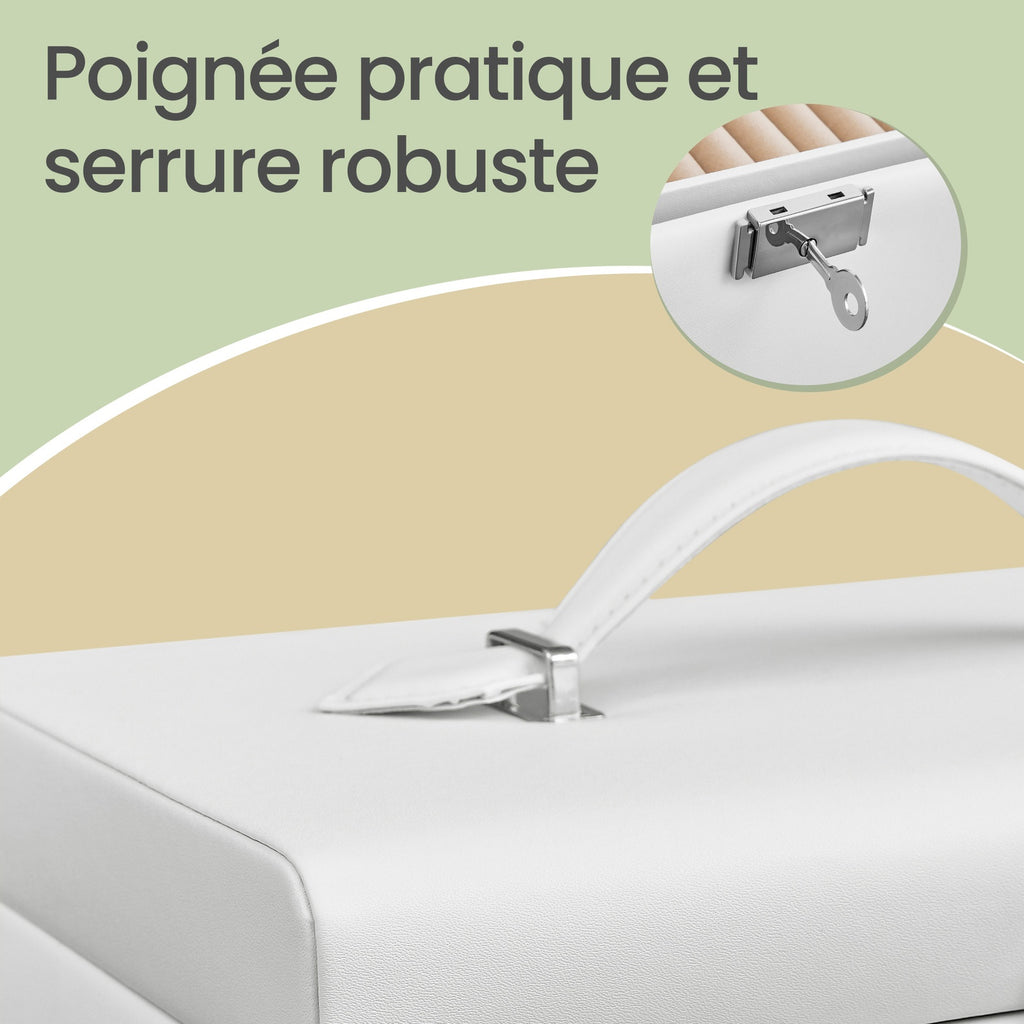 JOYFURNOS Boîte à bijoux 3 niveaux, Organisateur de bijoux avec 2 tiroirs, Étui à bijoux avec étui de voyage portable, Avec poignée, Verrouillable, Rangement pour bijoux, Cadeau pour les proches, Blanc