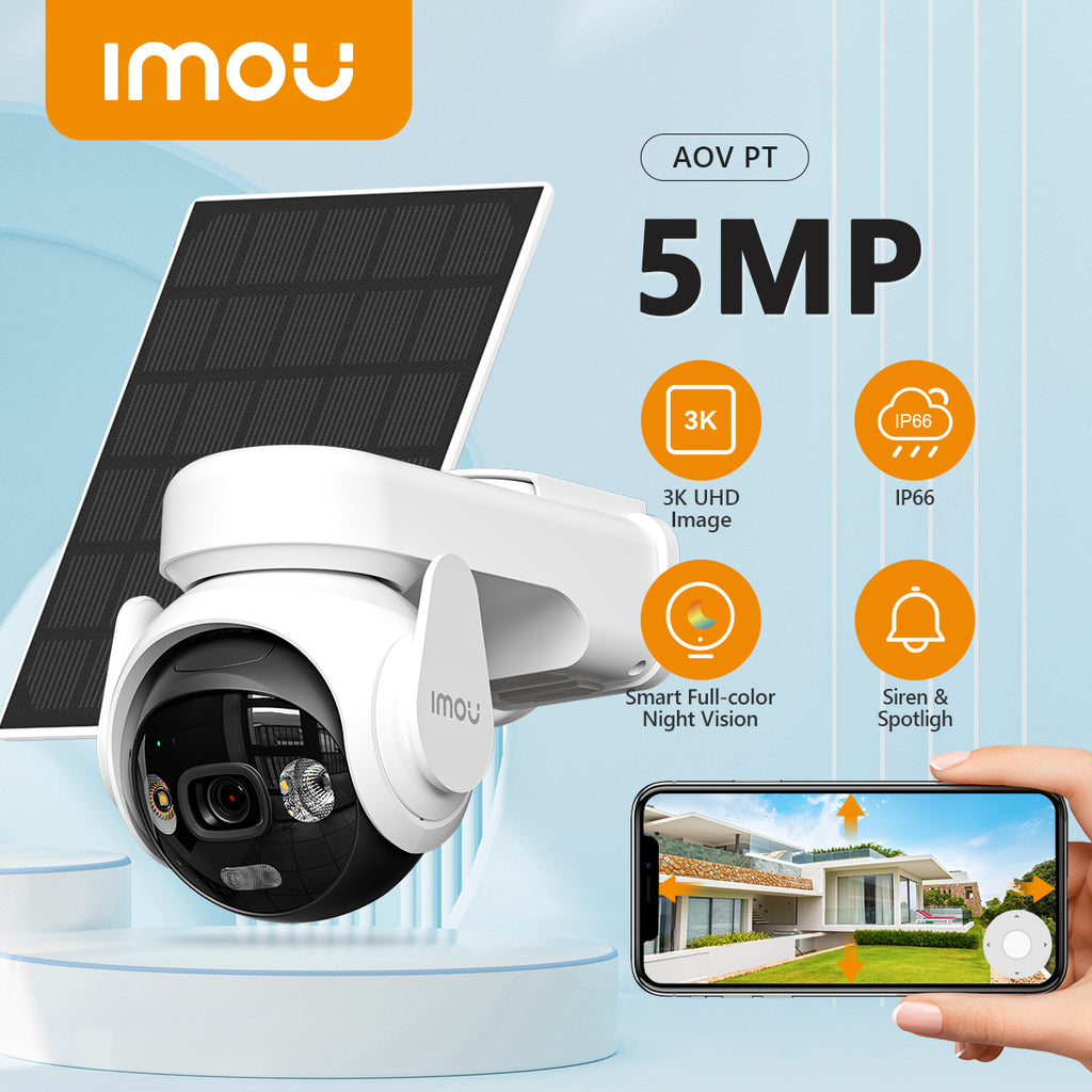 IMOU AOV PT Caméra solaire PTZ extérieure 5 MP 4G, 360°, batterie 10 000 mAh, panneau solaire 5 W, Wi-Fi 2,4 GHz, charge à basse température