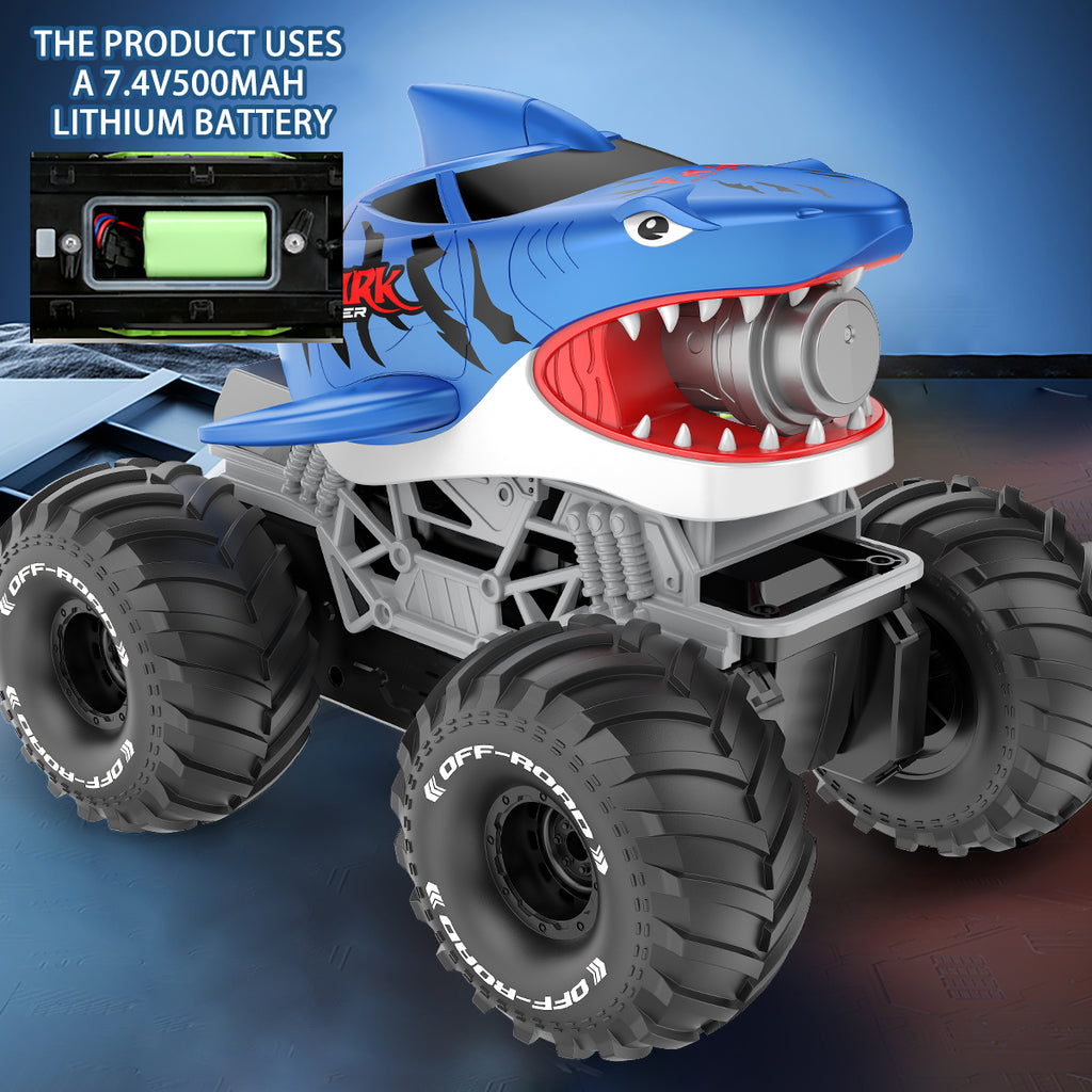 Jouet de monster truck télécommandé Shark, véhicule tout-terrain RC avec brume, lumières LED et commande gestuelle, voiture de requin nageur Big-Foot, véhicule jouet Big-Foot rechargeable. Cadeau pour garçons et enfants, convient aux garçons de 3 ans