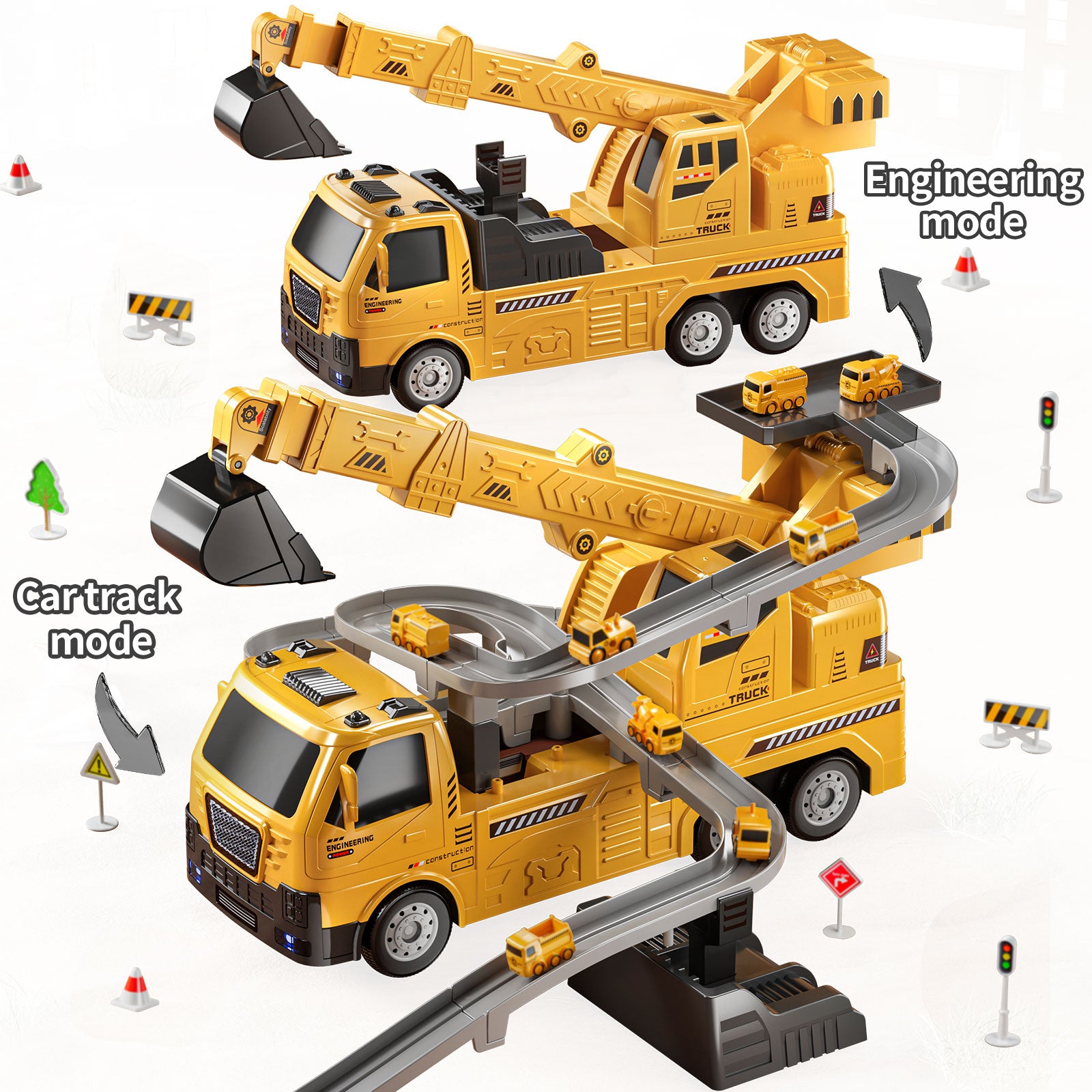 Jouets de camion de construction, camion grue 8 mini voitures de génie en alliage, jouet de pelleteuse pliable avec tapis de jeu et panneaux de signalisation, cadeau de véhicule éducatif