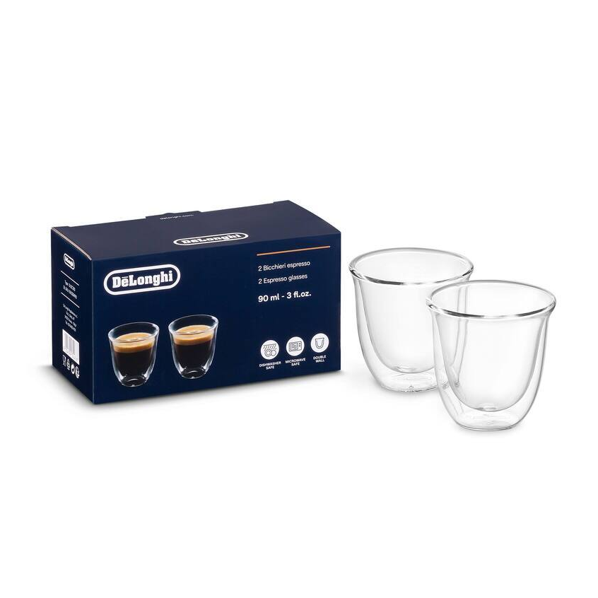 DELONGHI Accessoire Verres à Espresso, Set de 2 Verres Double Paroi 90ml, DLSC310, Transparent