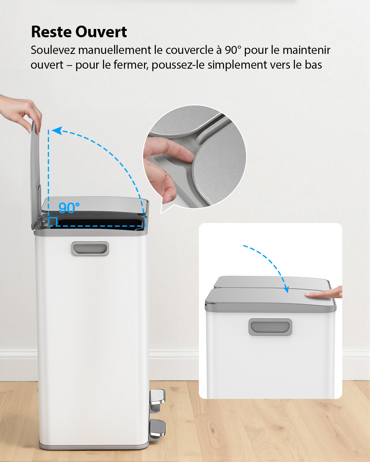 Poubelle de cuisine 60 L (2 x 30 L) en acier inoxydable, poubelle et bac de recyclage combinés avec couvercle à fermeture douce, poubelle à pédale à double compartiment pour recyclage, blanc