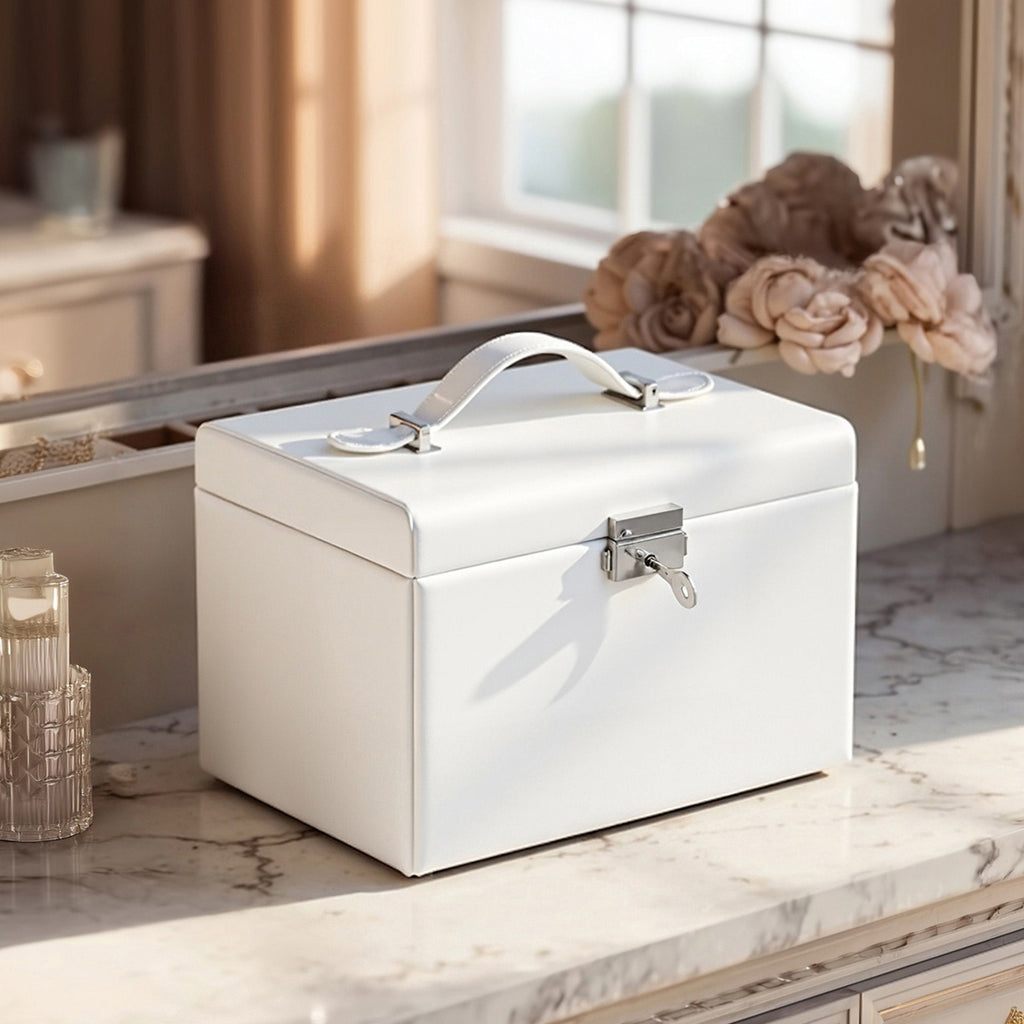 JOYFURNOS Boîte à bijoux 3 niveaux, Organisateur de bijoux avec 2 tiroirs, Étui à bijoux avec étui de voyage portable, Avec poignée, Verrouillable, Rangement pour bijoux, Cadeau pour les proches, Blanc