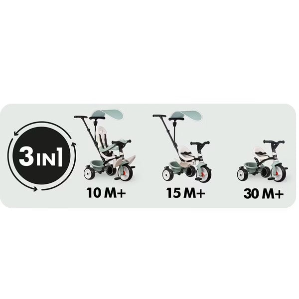 Smoby Life - Tricycle Baby Balade - Evolutif 3 en 1 - Poignée Parentale Réglable - Frein de Parking - Pare Soleil Anti-UV - Matière Recyclée - A Partir de 10 Mois Jusqu'à 3 Ans - Fabrication Espagnole
