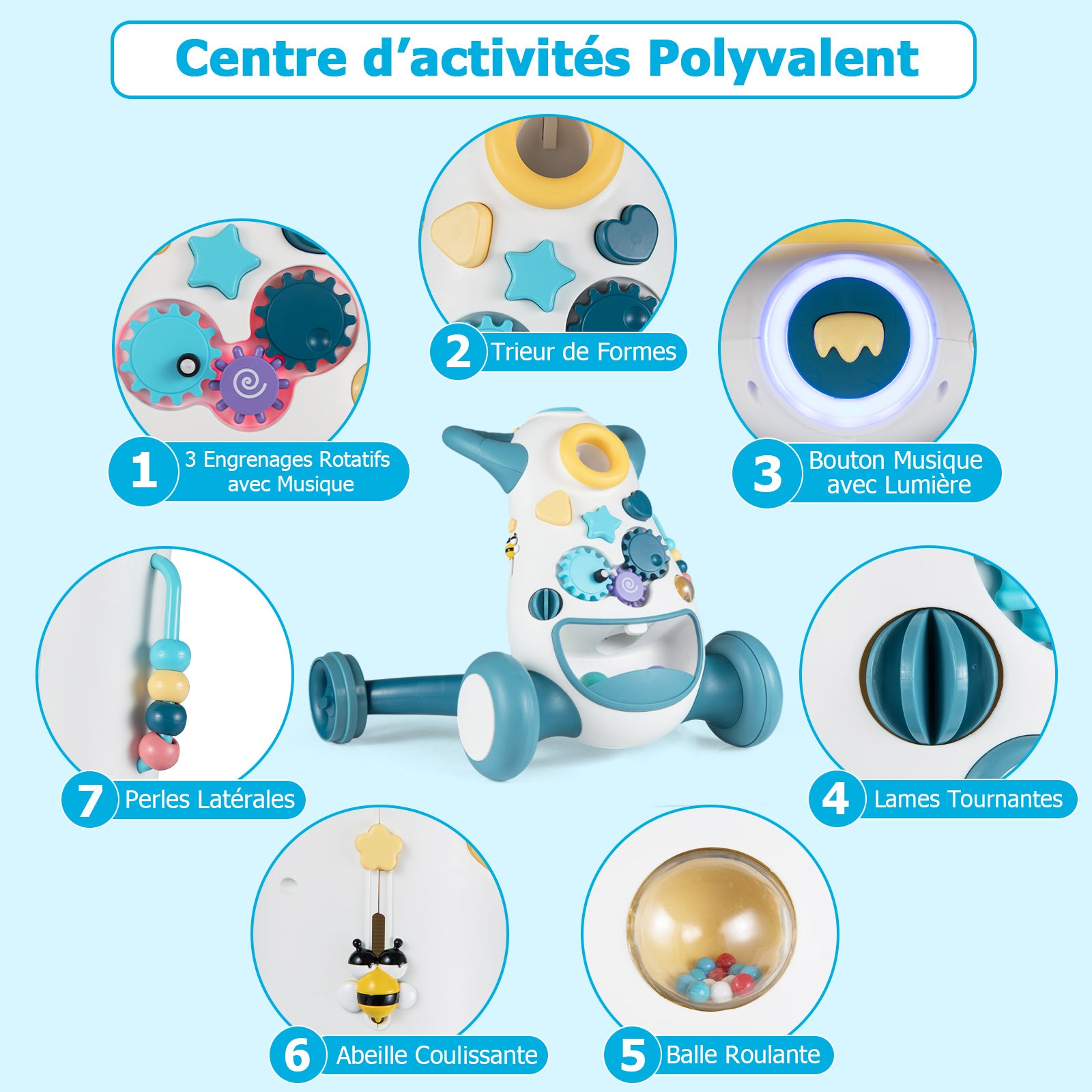Poussette d'apprentissage pour bébé avec musique et lumières, aide à la marche, jouet de tri de formes et engrenages rotatifs, bleu