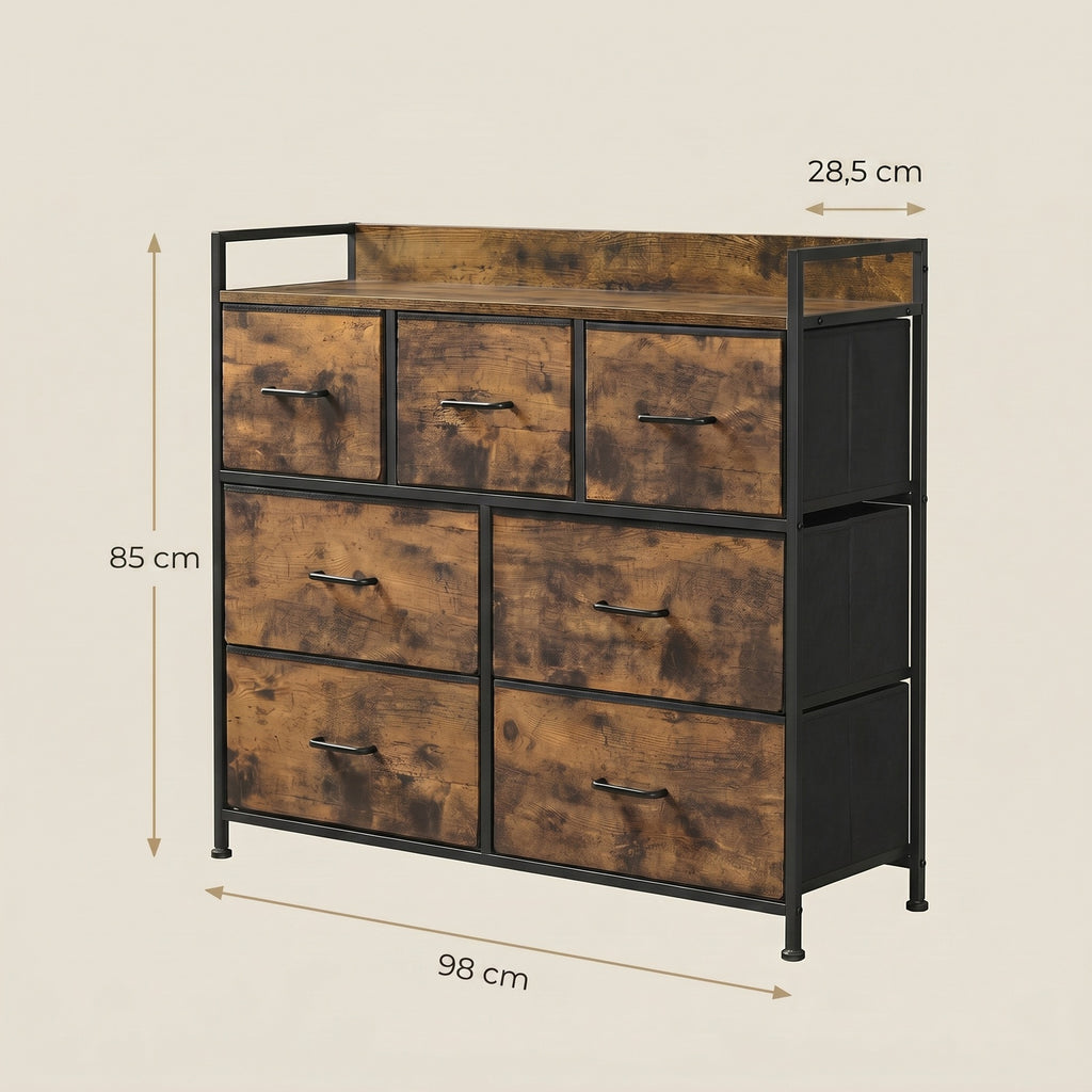 JOYFURNOS Commode à 7 tiroirs en tissu avec poignées –98x28.5x85cm Brun Rustique & Noir Encre, cadre métallique – grande armoire de chambre pour vêtements et linge de maison
