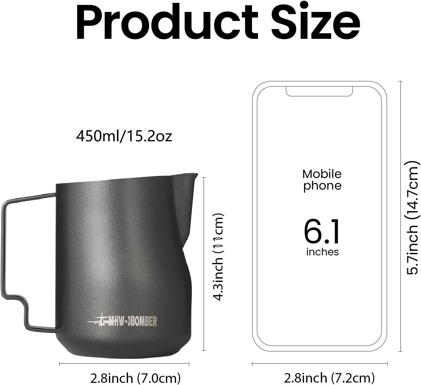 MHW-3BOMBER Pichet à lait 450 ml (15 oz) professionnel, pichet à lait en acier inoxydable de 15 oz pour espresso, mousse de cappuccino avec design de bec en bec de tortue