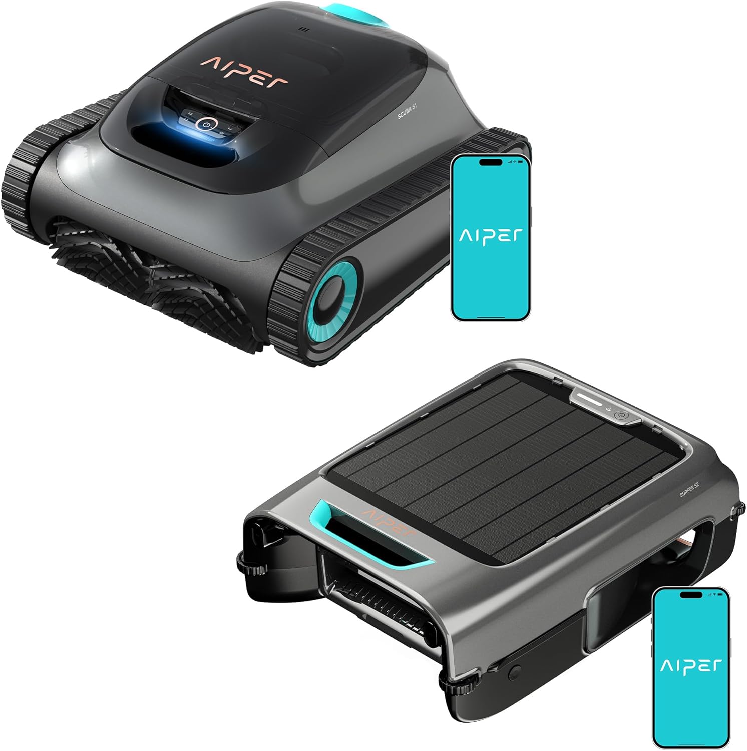 AIPER (2026 Nouveau) Scuba S1 + EcoSurfer S2 – Pack Robot Piscine sans Fil & Robot Skimmer Solaire | Nettoyage Fond, Parois, Ligne d’Eau & Surface 24/7, Double Filtration, Contrôle Via Application