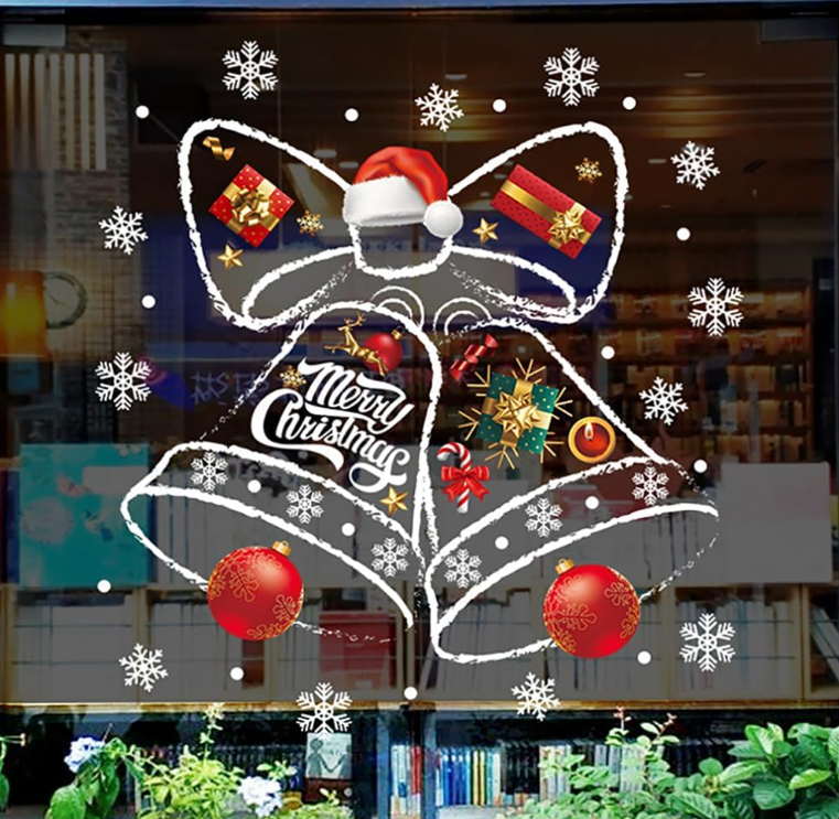JU7CER Autocollants de vitre en forme de cloche de Noël, décorations de Noël, film adhésif pour vitres en PVC, autocollants de vitre de Noël, autocollants de vitre d'hiver
