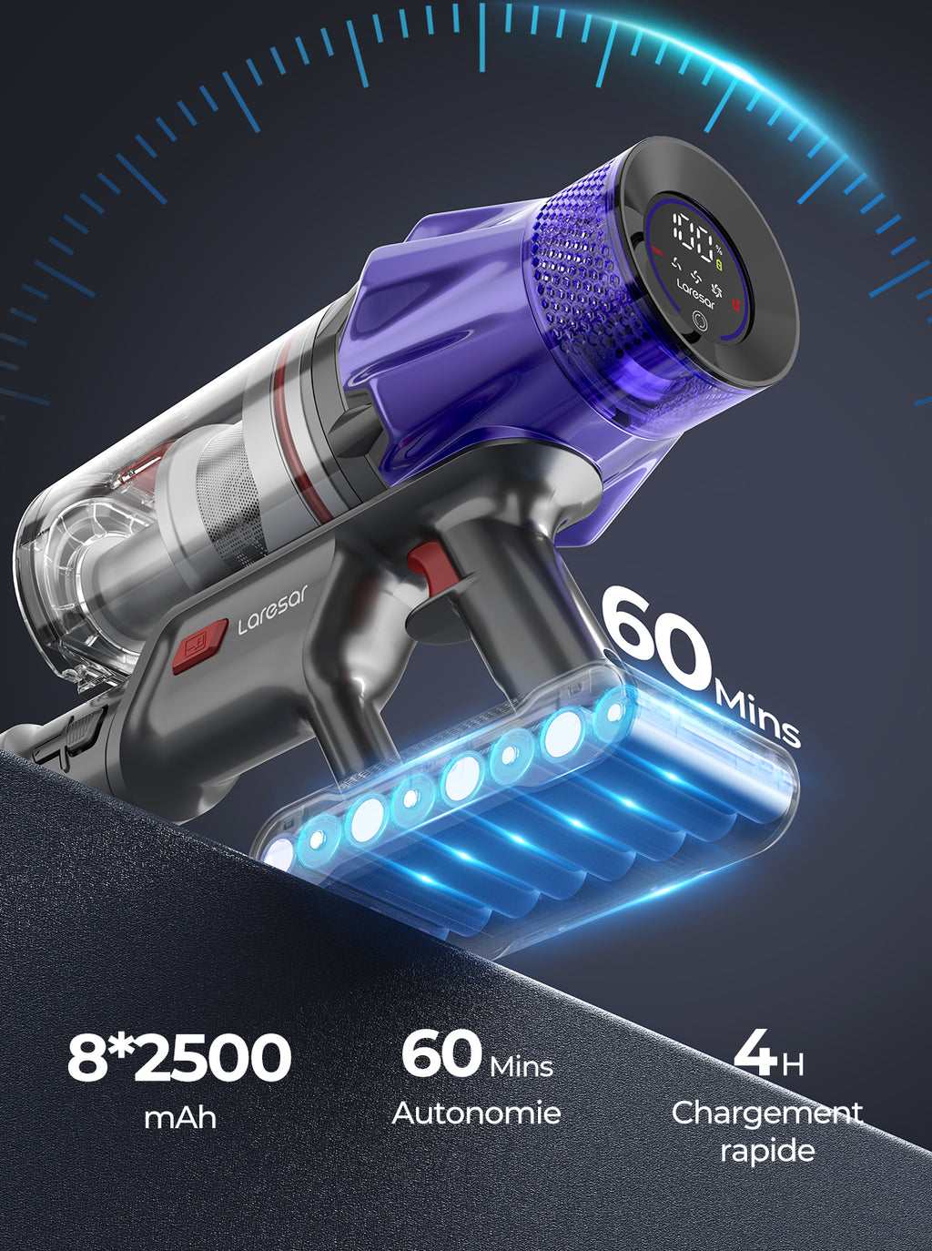 Laresar V7 Aspirateur sans fil, Aspirateur à main léger, Aspirateur balai puissant 50 kPa 500 W, Écran tactile, Autonomie de 60 min, Réglage à 3 vitesses, pour sols durs et tapis