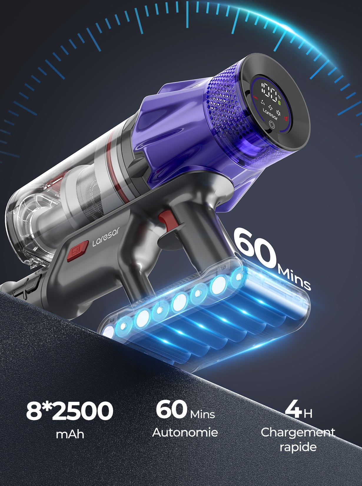 Laresar V7 Aspirateur sans fil, Aspirateur à main léger, Aspirateur balai puissant 50 kPa 500 W, Écran tactile, Autonomie de 60 min, Réglage à 3 vitesses, pour sols durs et tapis