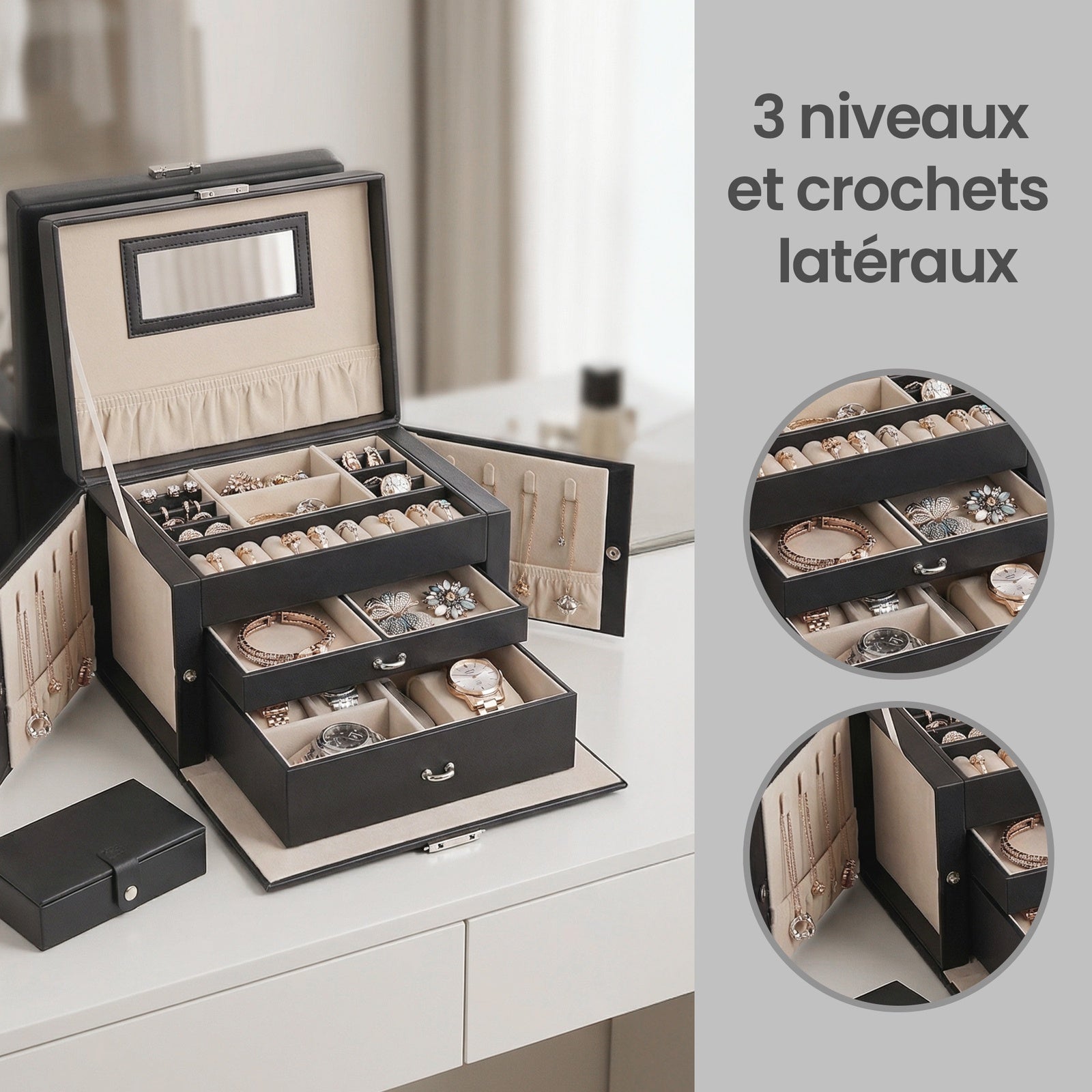 JOYFURNOS Boîte à bijoux 3 niveaux, Organisateur de bijoux avec 2 tiroirs, Étui à bijoux avec étui de voyage portable, Avec poignée, Verrouillable, Rangement pour bijoux, Cadeau pour les proches, Noir
