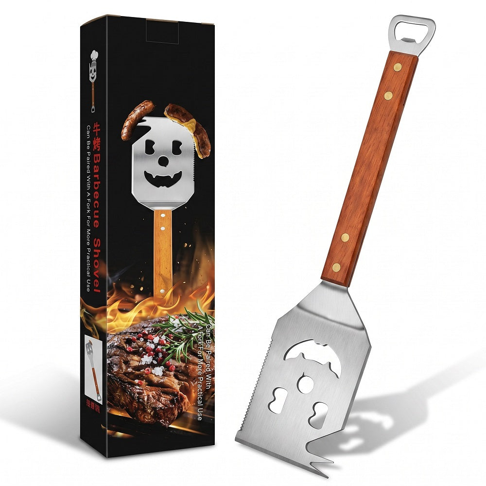 HUACAN Pelle à barbecue d’extérieur en inox avec manche en bois et décapsuleur intégré