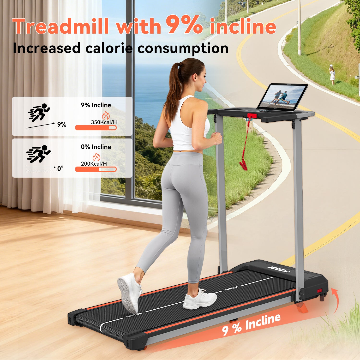 KeHot YQ T3898 Tapis de course inclinable à 9 %, pliable et silencieux pour l'entraînement à domicile, avec écran LED, compatible musique Bluetooth et applications EQI SPORTS, Zwift, Kinomap