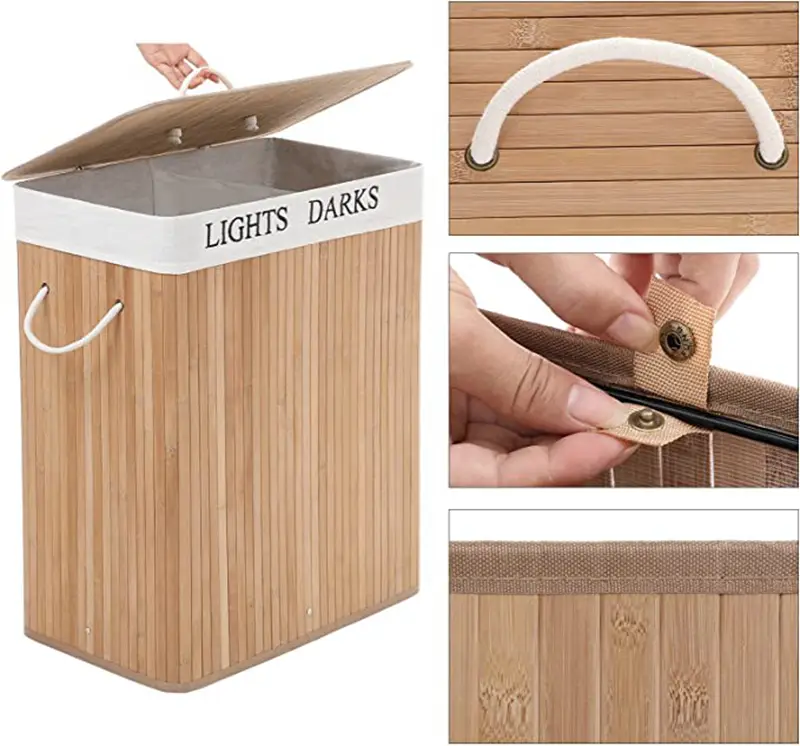 JOYFURNOS100L Panier à Linge Pliable en Bambou avec 2 Compartiments - 52 x 63 x 32 cm