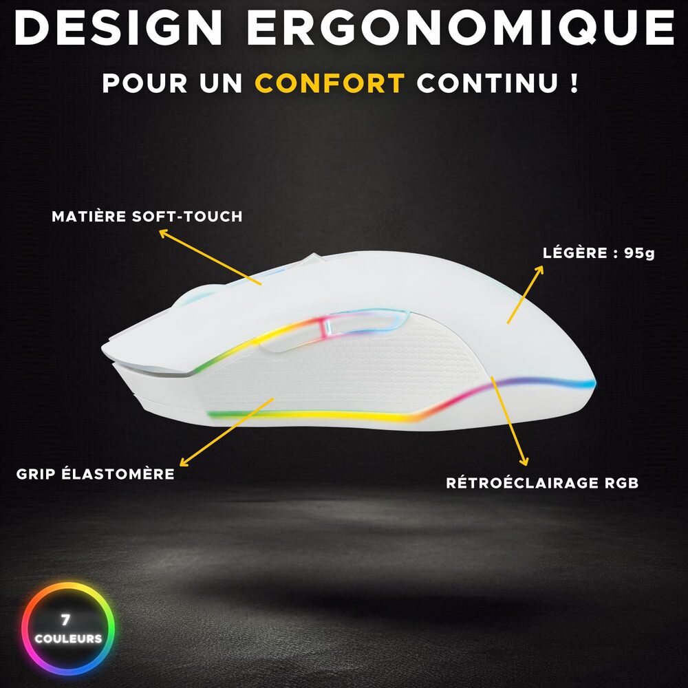 THE G-LAB KULT-HELIUM Souris Gaming sans Fil - 6400 DPI, 6 Boutons - Blanc