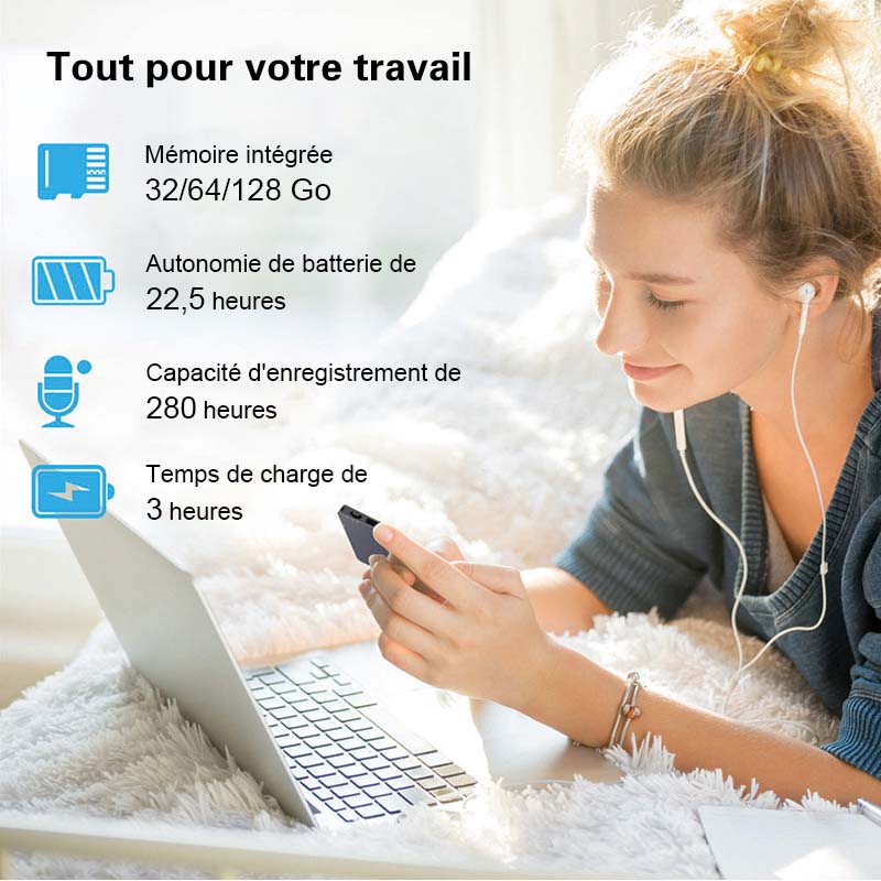 Rexsun L810 Enregistreur vocal numérique 64 Go, enregistrement à une touche, ABS + alliage d'aluminium, Gris