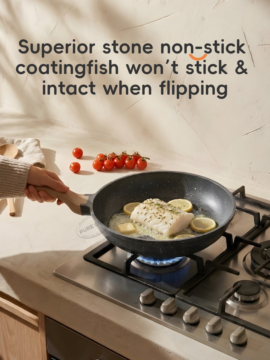PURE COOK Poêle antiadhésive avec manche en bois | 20 cm | Poêle à frire en aluminium avec revêtement en marbre pour la cuisine au quotidien