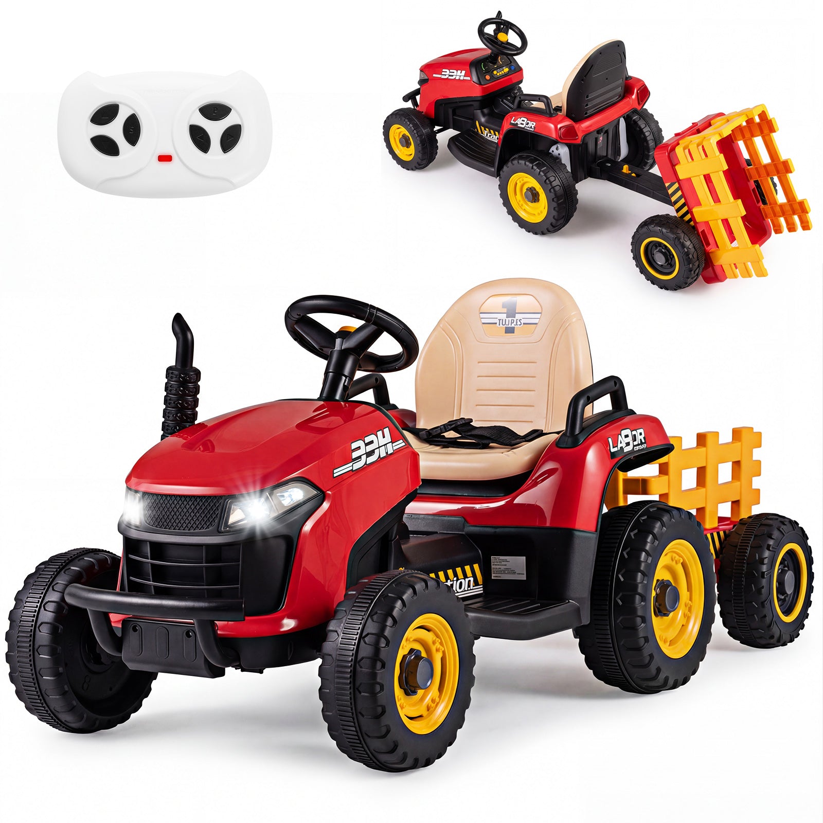 Costway Tracteur électrique 24 V avec remorque, télécommande 2,4 GHz et klaxon - Tracteur électrique pour enfants - Rouge